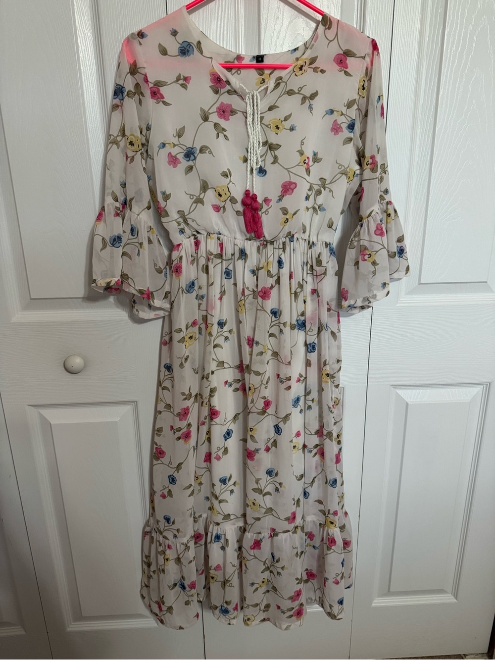 Cream Floral Midi Dress with Pink & Blue Blossoms - size medium